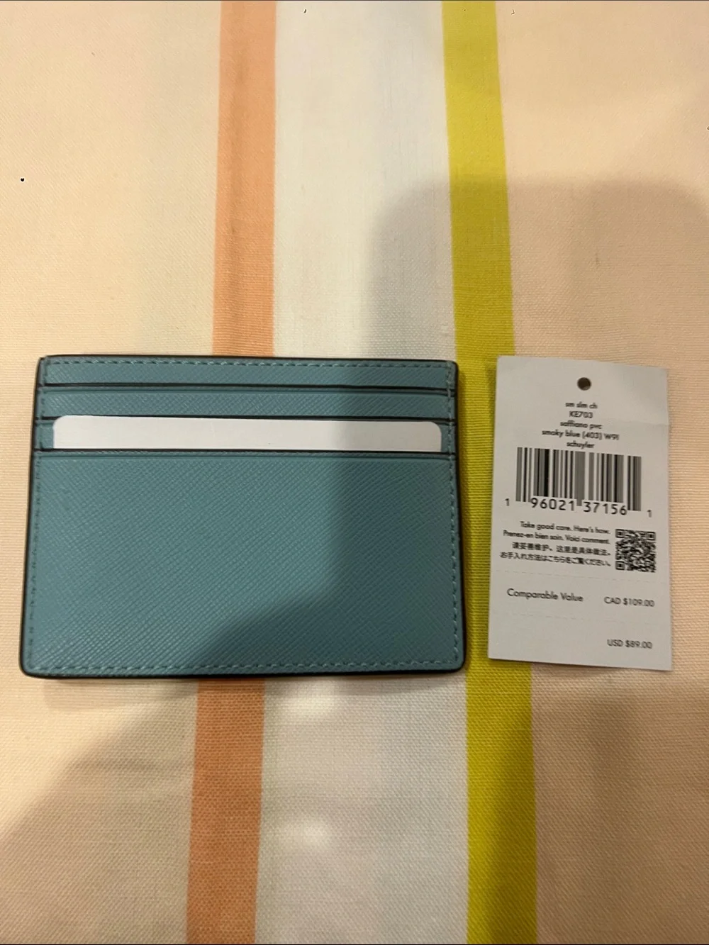 kate spade smoky blue pvc Saffiano Leather Card Case with Gold Logo KE703